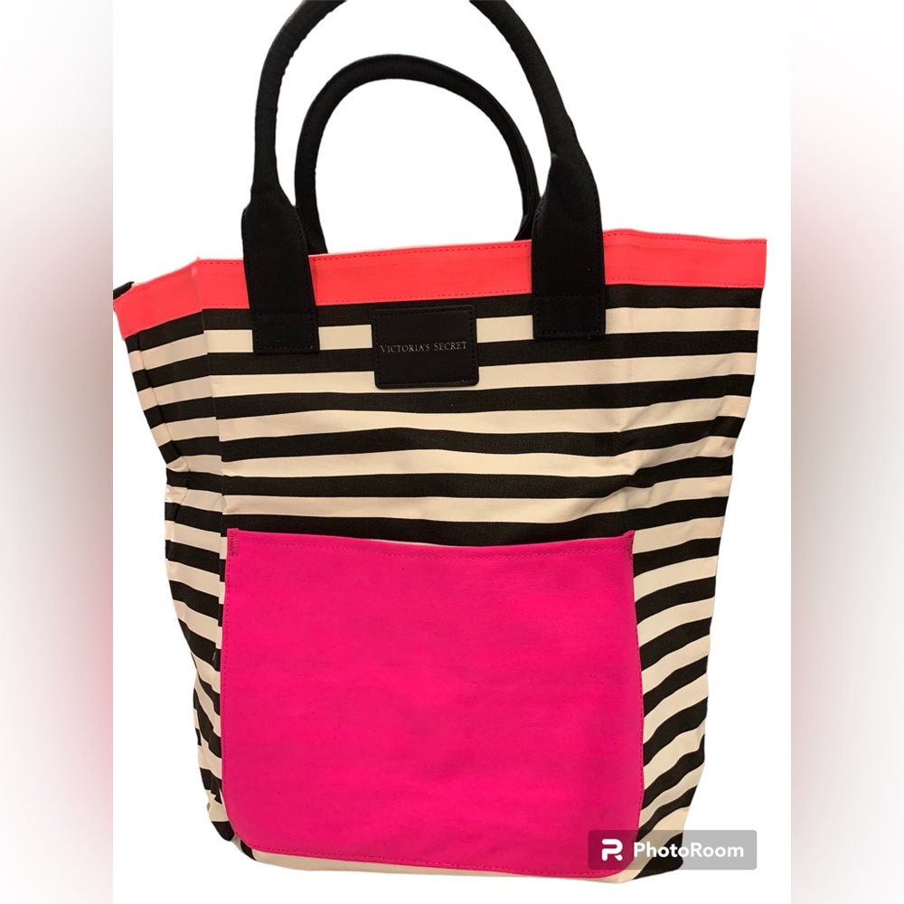 Victoria’s Secret Tote Bag in black and white stripes w/ pink accents - Picture 2 of 8